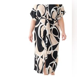 DKNY Black Beige White Abstract Print Maxi Shirt Dress| Belted | Size 14